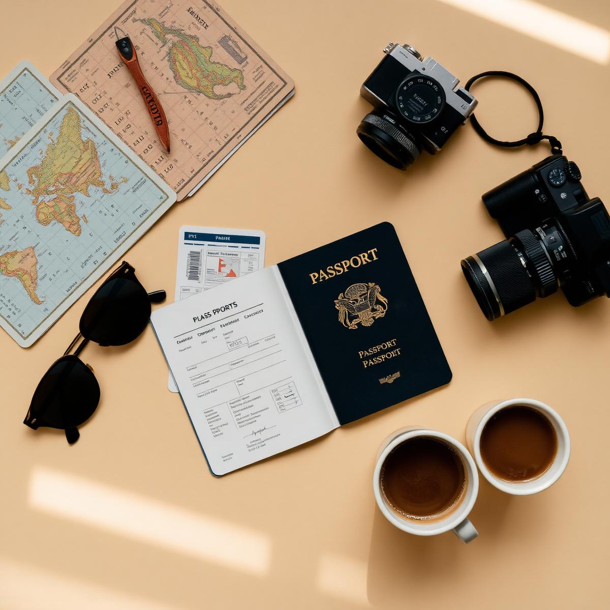 Travel planning flat lay with a passport, boarding passes, map and coffee