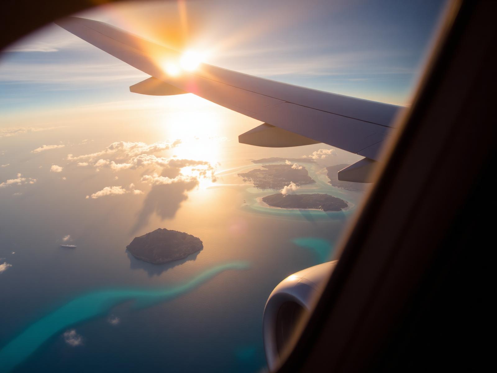 View of turquoise islands and ocean from an airplane window at golden hour